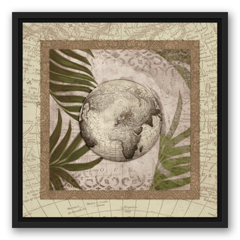 Globe sur palmiers, impression sur toile brune, H 17,75 po x l 17,75 po x P 1,75 po, Cadre flottant noir
