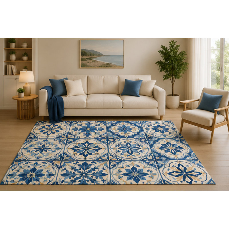 Tapis ultra-léger 152 x 213 cm (5 pi x 7 pi) à motif mosaïque bleue, style méditerranéen, idéal pour la chambre, le salon et la cuisine. Dos antidérapant en silicone.