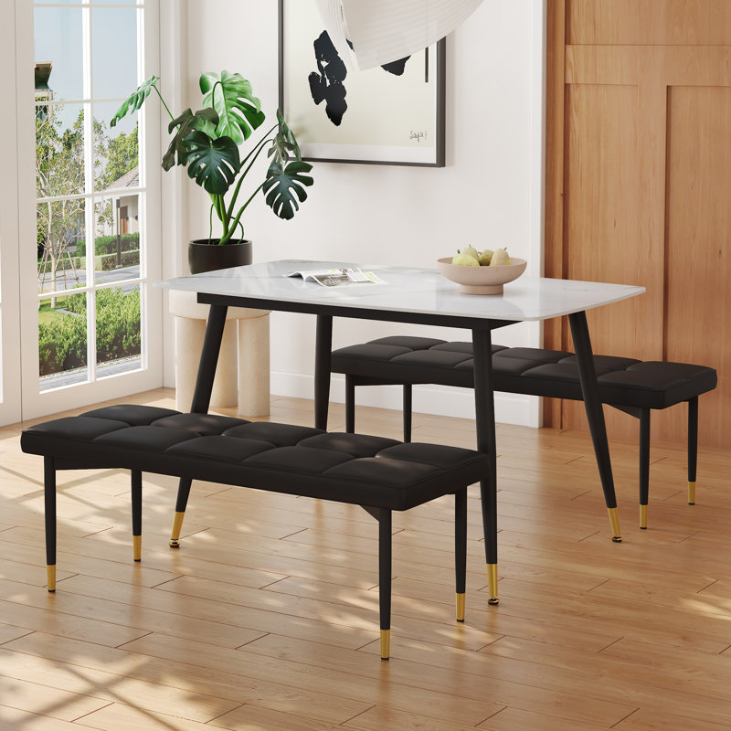 de table de salle à manger en pierre frittée de 2 pouces avec 2 bancs, avec un plateau de table en marbre blanc pour un siège subtil de luxe moderne et multifonctionnel