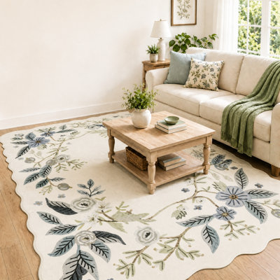Washable Floral Area Rug, Non-Slip Low Pile Rug for Living Room, Bedroom & Dining Room
