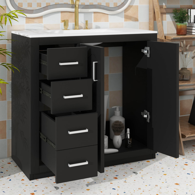 Meuble-lavabo 36 po avec lavabo en céramique et armoire de rangement moderne 3 tiroirs 2 portes, Noir, Argent argent