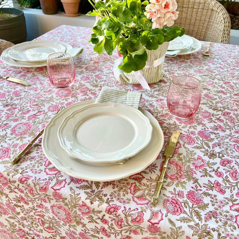 Beatrice Round Tablecloth - Pink And Green, 60" D x 120" L