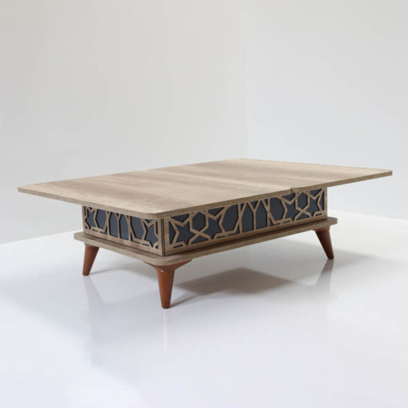 Table basse Mid-Century moderne à plateau relevable avec rangement géométrique / treillis, Bleu Alaska