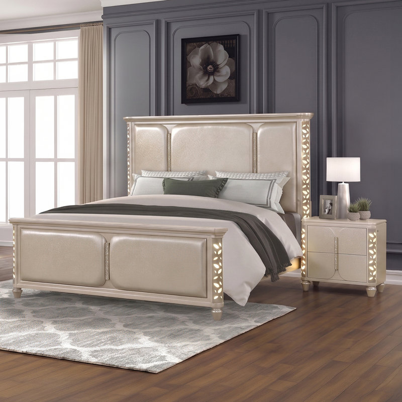 Ensemble de chambre à coucher avec panneau Celestial Glow Modern Glam, Deux pièces : Lit et table de chevet, Queen