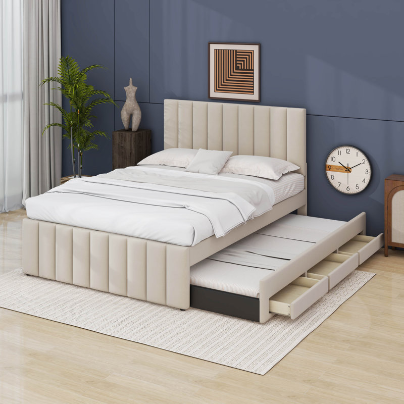 Full Size Upholstered Platform Bed With Trundle, 3 Drawers, Beige