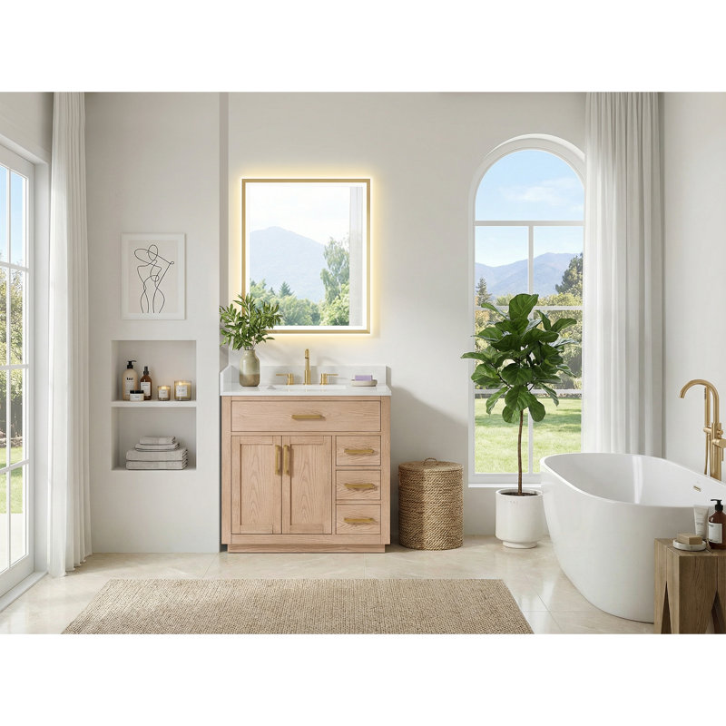 Ensemble de meuble-lavabo simple 36 po en frêne naturel avec miroir Gavino