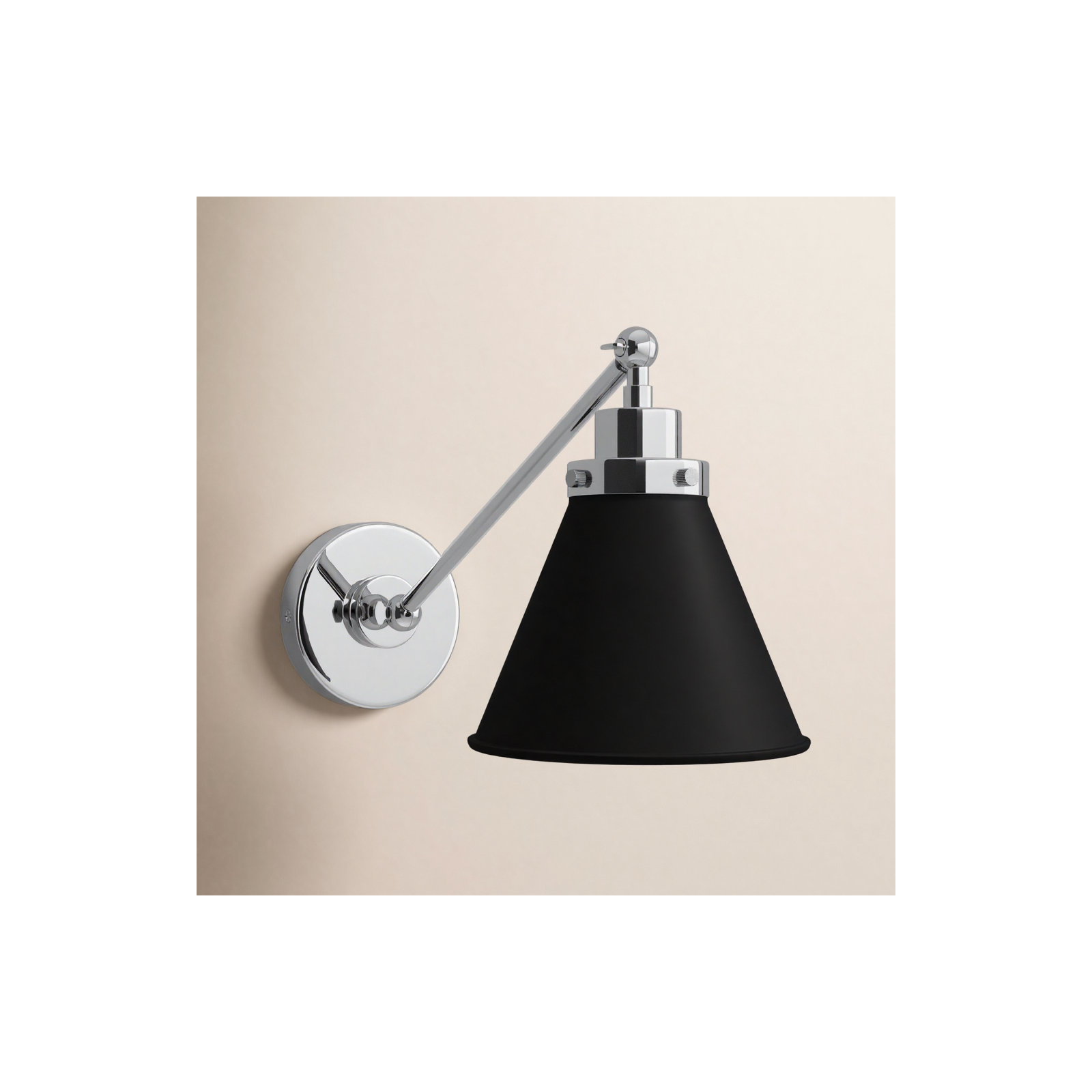 Single Light Steel Dimmable Swing Arm Sconce, Black, Silver