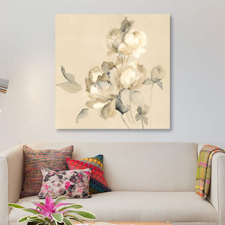 « pivoine fleurs », impression sur toile, H 18 po x l 18 po x P 1,5 po, Pas de tapis, Toile tendue