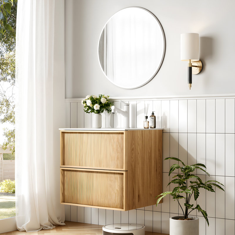 Meuble-lavabo mural flottant 24 po Aditya, armoire avec 2 tiroirs et lavabo en résine blanche, 24"