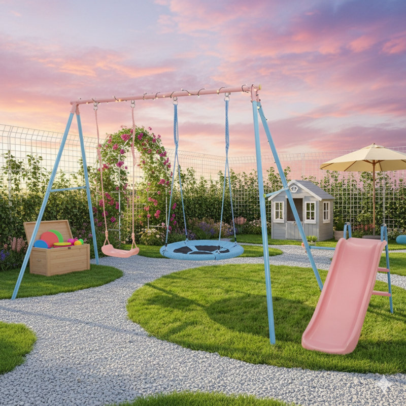 Ensemble de jeu à double balançoire et glissade en bleu et rose pour l'aire de jeu extérieure pour enfants
