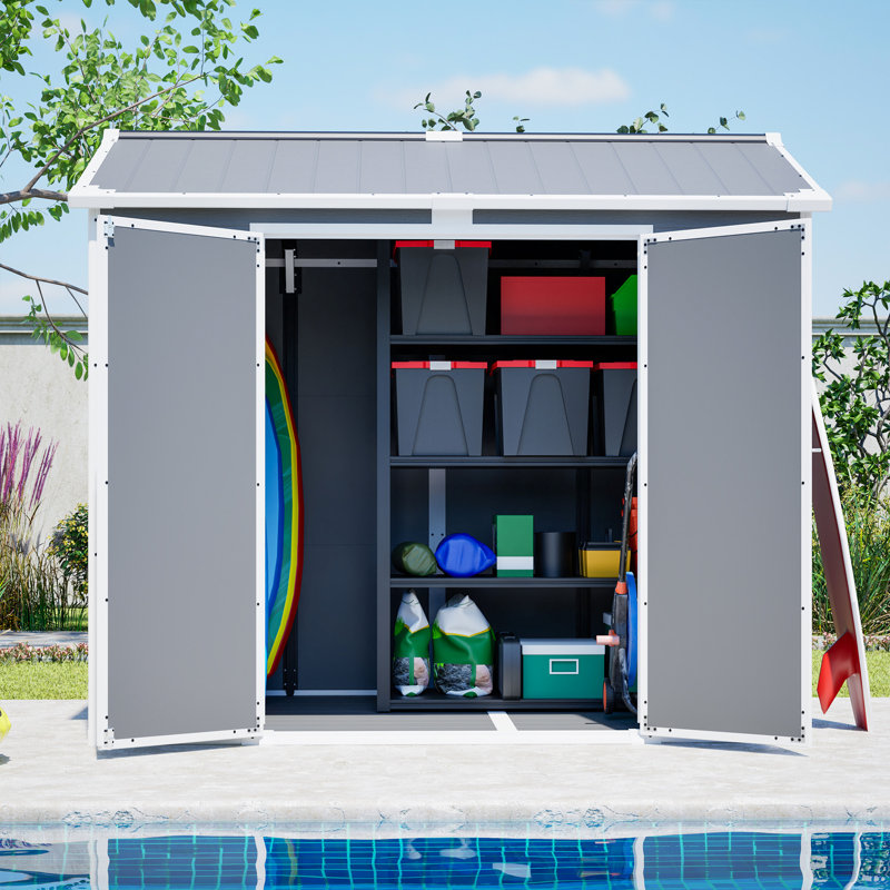 Rangement de jardin en plastique gris de 8 pi x 6 pi, remise verrouillable pour les tondeuses à gazon et les outils, abri extérieur résistant aux intempéries et à l'épreuve de la rouille, utilitaire de montage simple en gris, bacs à ordures