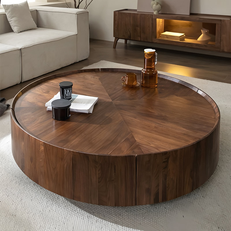 Pre-Assembled Walnut Round Coffee Table with Hidden Storage Drawers for Living Room or Home Office