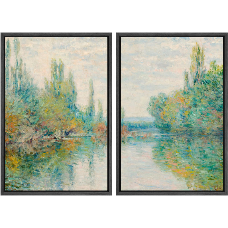 «Tranquil River Impressionist Impressions, scène d'eau réfléchissante, nature sauvage, illustration», 2 pièces, Cadre noir