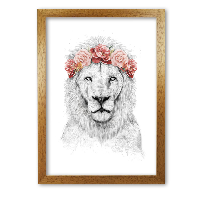Festival Floral Lion by Mercedes Lopes Charro - Print, 84 cm H x 59.4 cm W x 5 cm D, Honey Oak