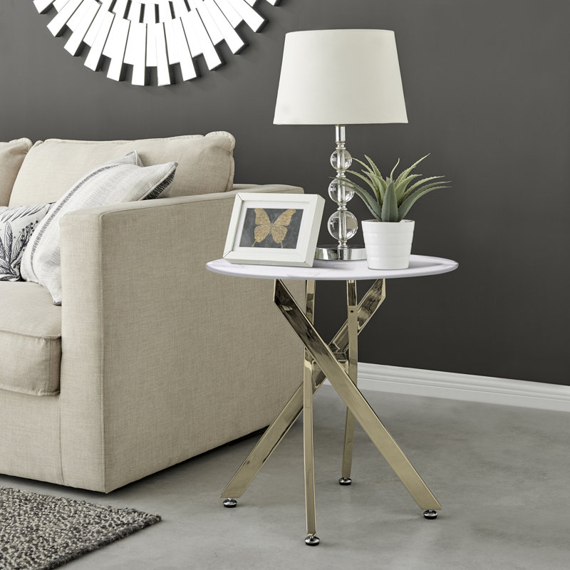 Cesarino Marble Effect Round Sofa Side Table - Glass Topped Metal Leg Small Table, Gold, White