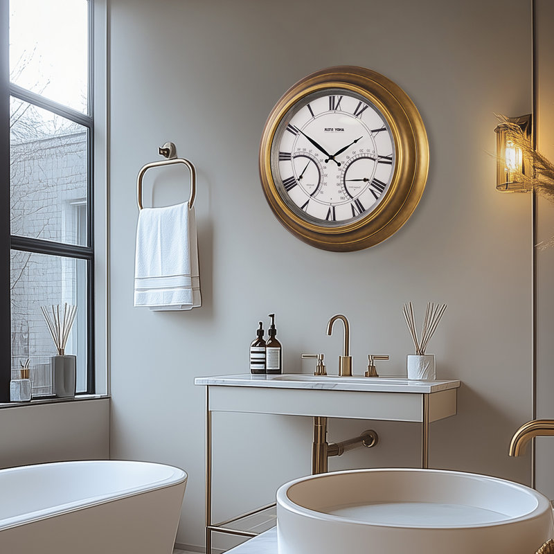 Contemporary Large Outdoor Wall Clock with Thermometer Waterproof Illuminated,24 Inch, Brass
