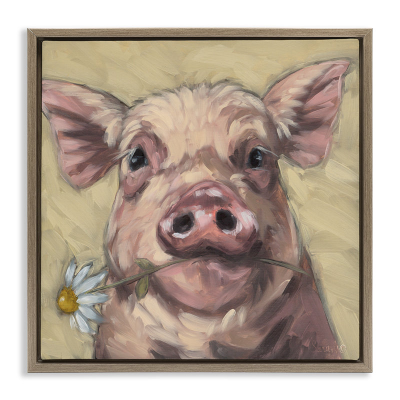 Cadre flottant cochon tenant une marguerite, H 18 po x l 18 po, Cadre flottant orme Montalcino