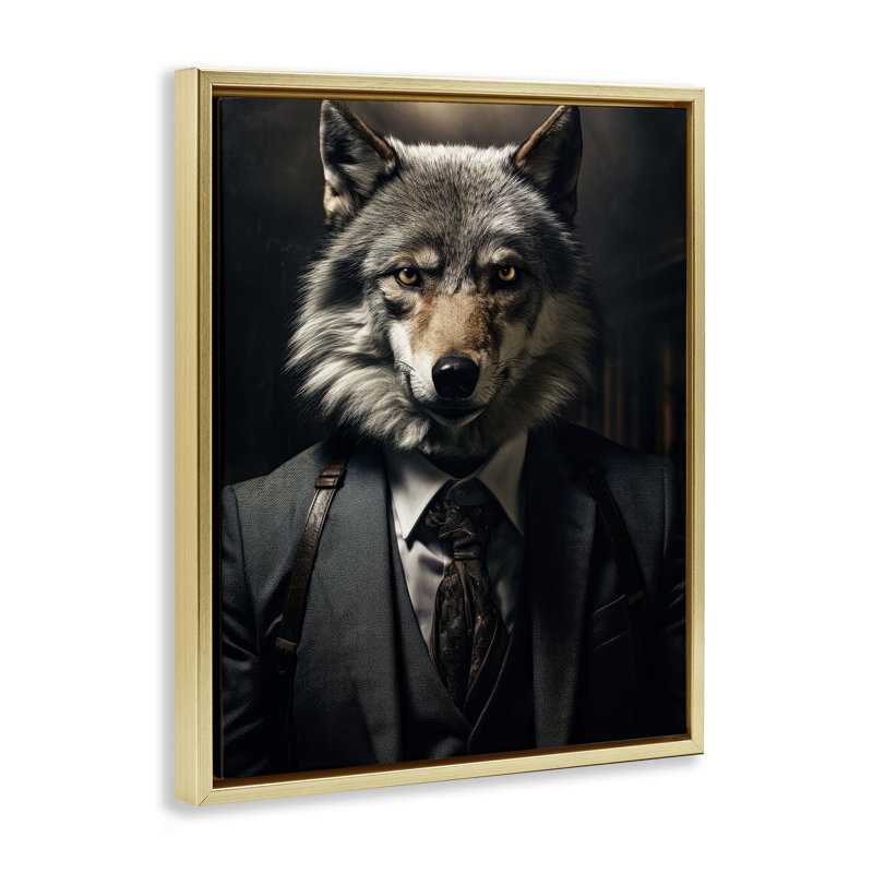 Cadre flottant tendance loup Wall Street, design par Ray Powers, Cadre flottant métallique doré, H 21 po x l 17 po