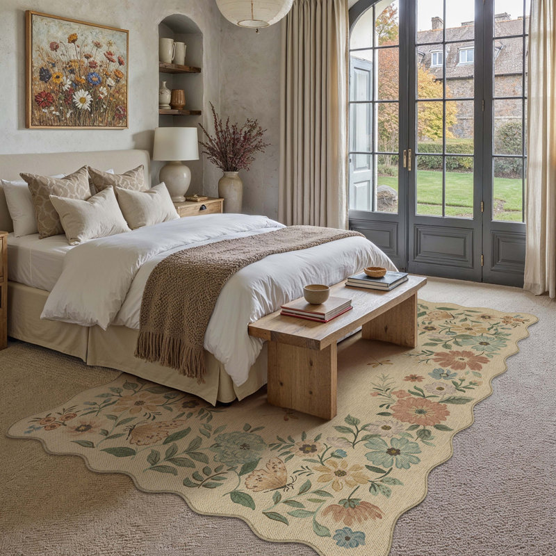 Botanical Floral Faux Linen Machine Washable Area Rug With Non-Slip Backing And Scalloped Edge, Rectangle 6' x 9'