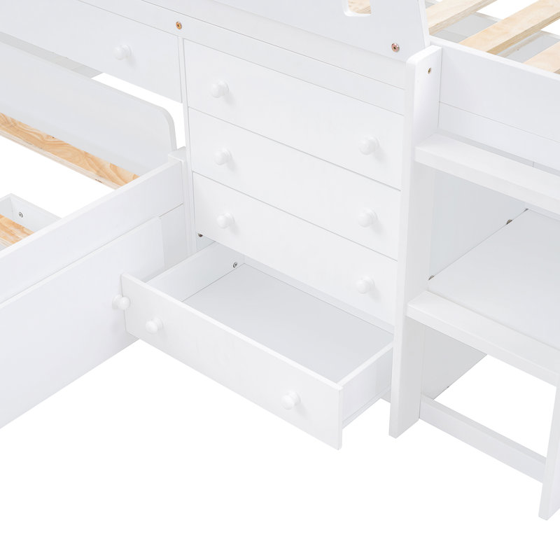 L-Shaped  Space-Saving Twin Loft And  Twin  Platform Bed With 7 Drawers And Full Guardrails(WHITE)