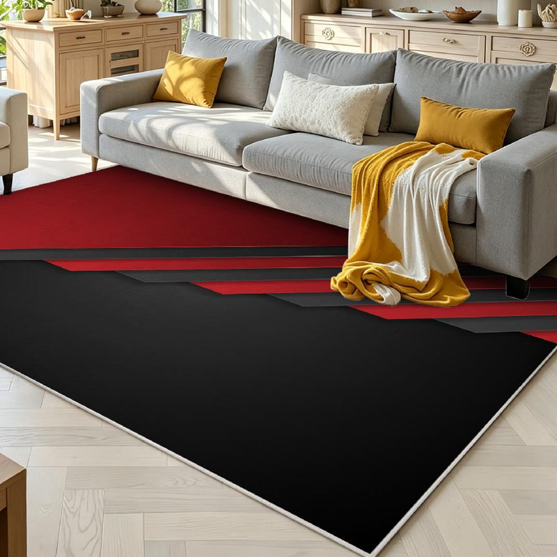 Red Black Stripes Geometric Flyer Elegant Modern Digital Shiny Stripe Machine Washable Indoor Area Rug, Rectangle 71" x 98"
