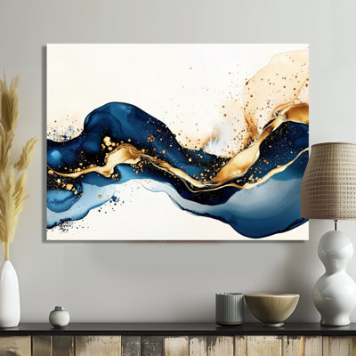 Galaxy majestueux bleu et or liquide encre II - décoration murale abstraite en métal, impression moderne sur métal
