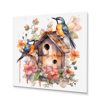 Oiseaux sur une cabane à oiseaux - Impression sans cadre sur métal