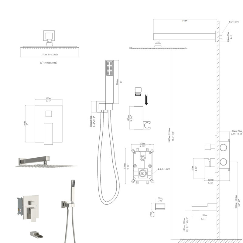 Shower System With Waterfall Tub Spout,12 Inch Wall Mounted Square Shower System With Rough-In Valve, Brushed Nickel