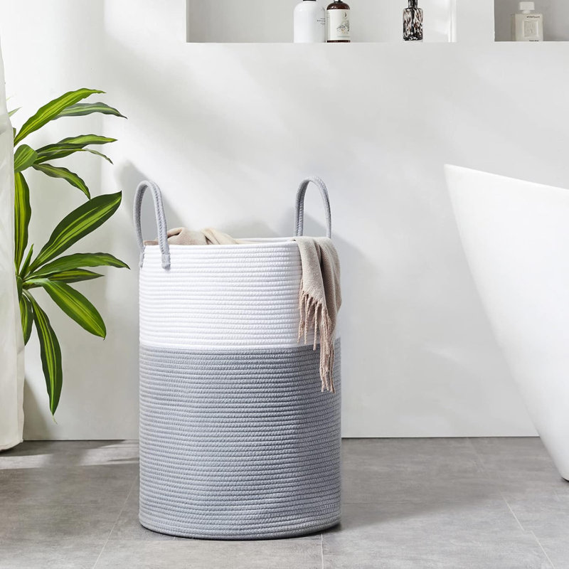 Fabric Laundry Hamper, White/Grey