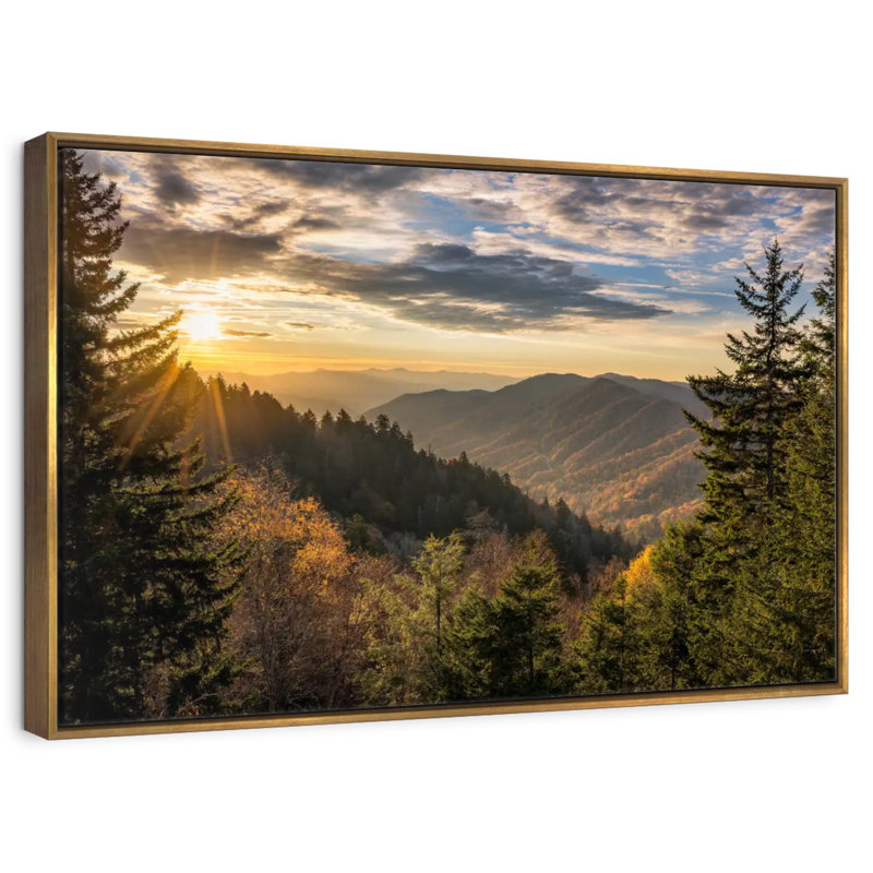 Lever de soleil dans les Smoky Mountains, Cadre flottant doré, 25 po x 17 po