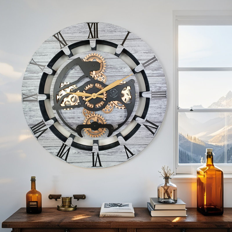 Horloge murale ronde surdimensionnée de 24 po pour le salon avec la collection Real Gear Gears Canada, Gris argenté