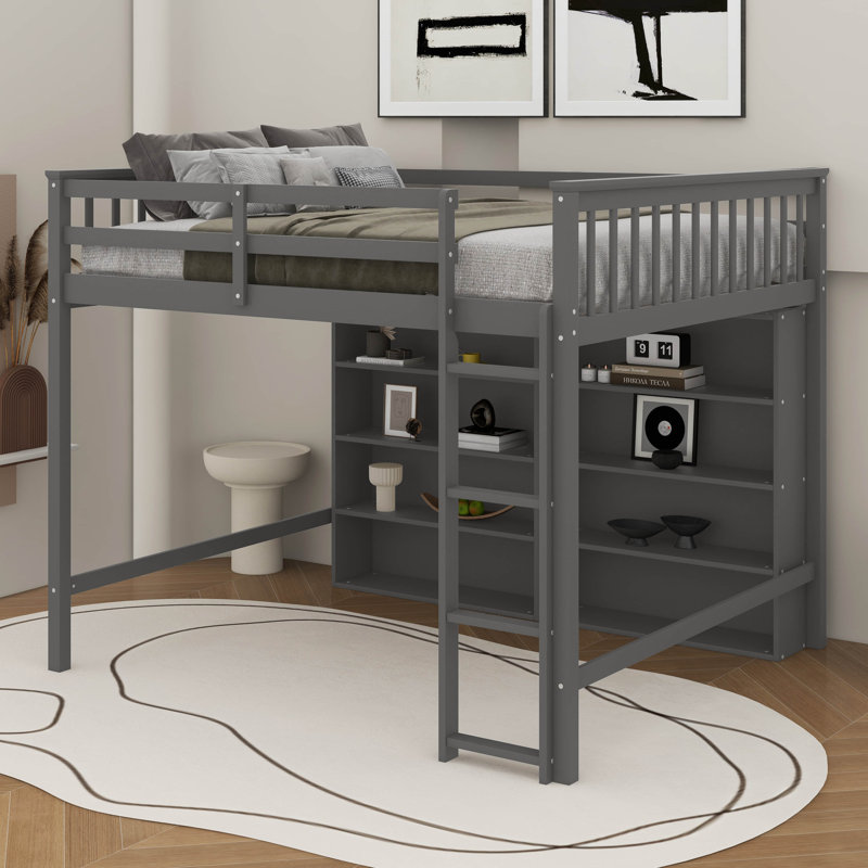 Full Size Loft Bed With Open Storage Shelves And Ladder, Antique Grey