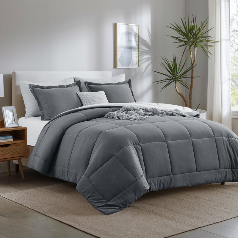 Ensemble d'édredon réversible en microfibre prélavée, Édredon très grand + 2 taies décoratives très , Gris