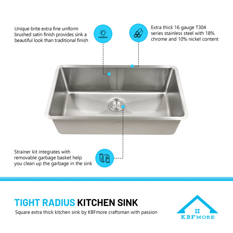 KBFmore R14S3118-16SSGR 31 inch Single Bowl 16 Gauge Tight Radius Stainless Steel Kitchen Sink, 4 Pcs Sink Gadgets