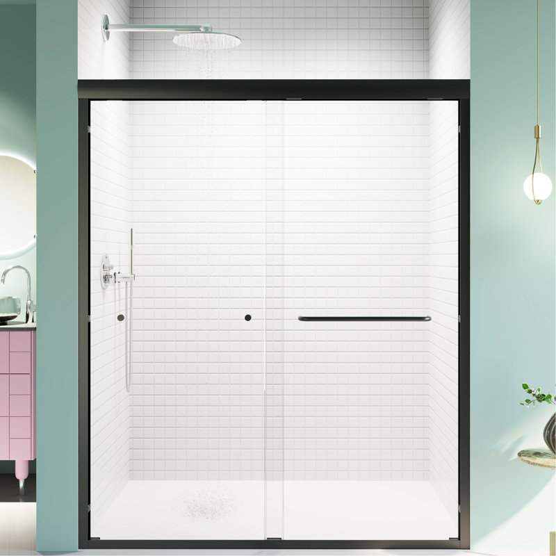 Cabine de douche à dérivation noir mat, l 56 à 60 po x H 72 po, verre de 6 mm, cloison de salle de bain coulissante double sécuritaire, élément imperméable trempé