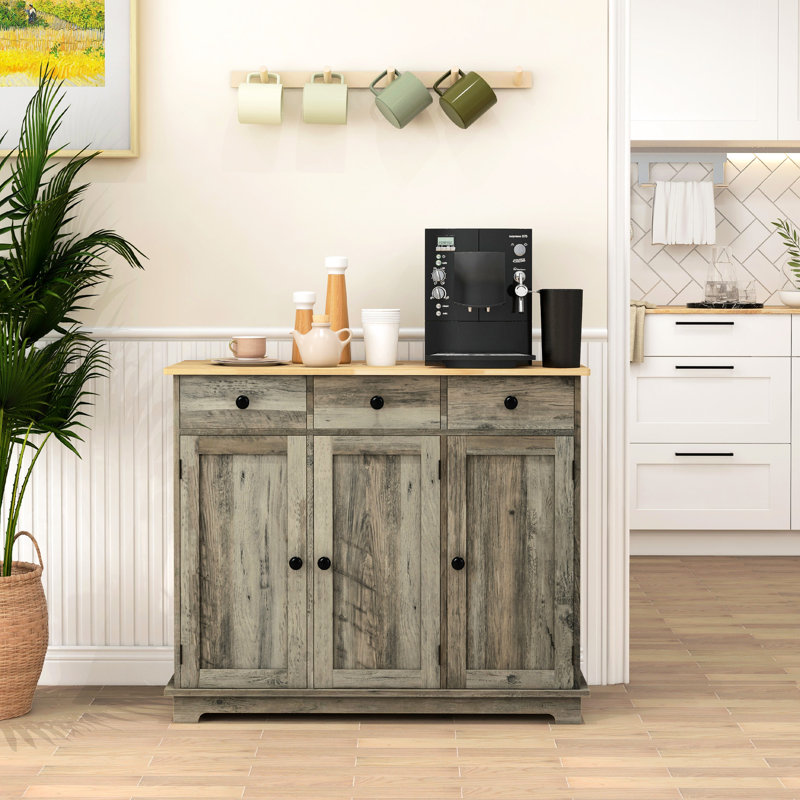 Armoire de rangement de cuisine grise - Buffet avec 3 tiroirs, portes, tablette réglable et comptoir de buffet en bois massif, gris, pour articles