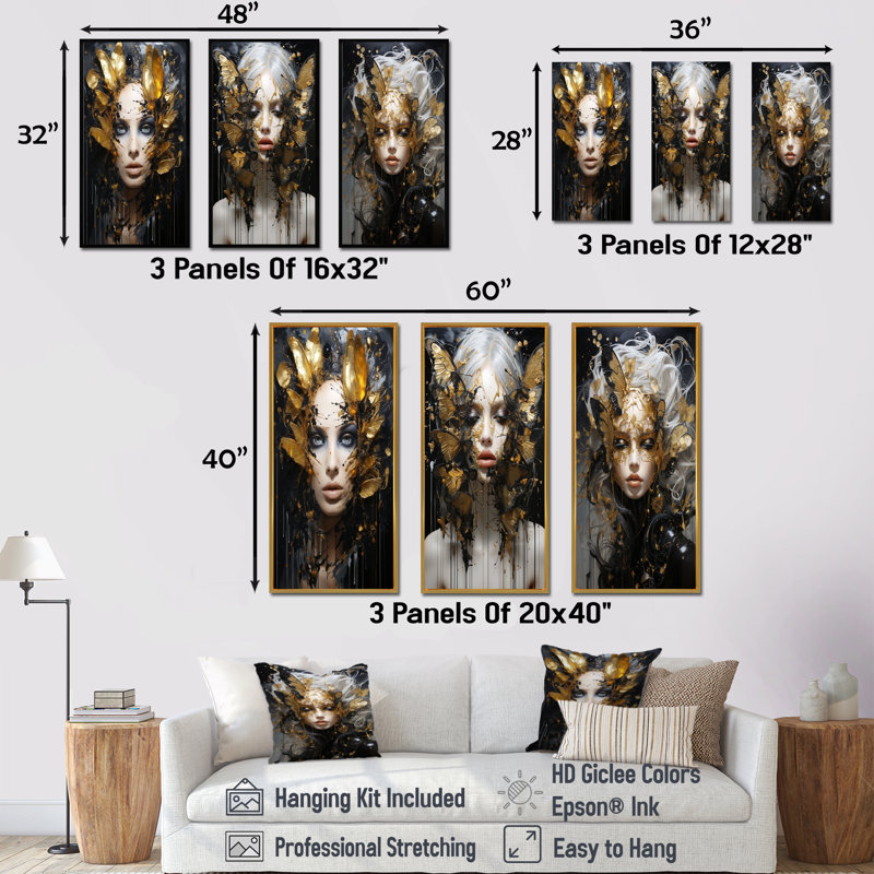 «Feather Woman Portrait I», ensemble de salon art mural glamour, Cadre flottant blanc, H 40 po x l 60 po