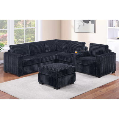 Brenna 4-piece Black Corduroy Sectional Sofa With Ottoman