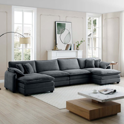 Modern Sofaover Size U Shape Corduroy Sofa ,  Upholstered 4 Seater Sofa With 2  Ottomans,  Premium Soft Corduroy Fabric Sofa