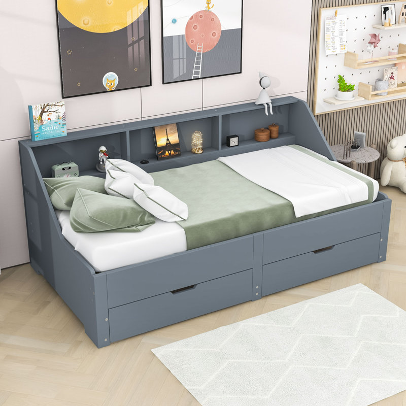 Twin to King Daybed with Storage Bookcases, Built-in Charging Station, Drawers and USB Ports, Gray