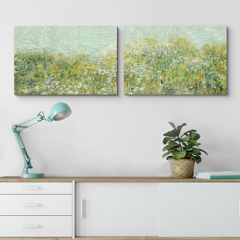 "Fleurs sauvages vertes au bord du lac" 2 pièces, Toile tendue, H 24 po x l 36 po