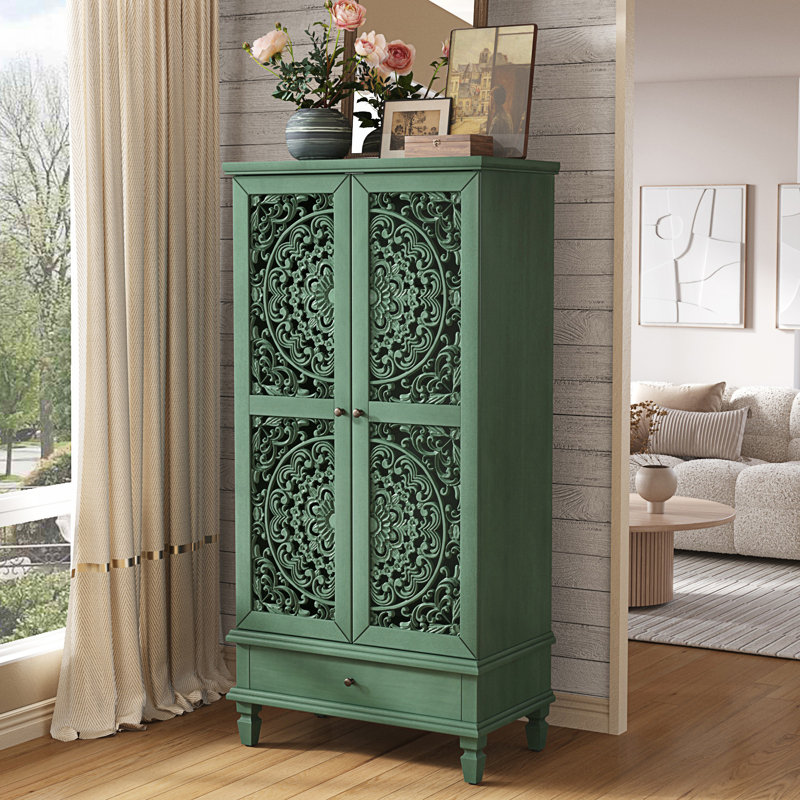 Armoire de rangement rustique avec tiroir, armoire décorative sculptée à 2 portes, Vert antique
