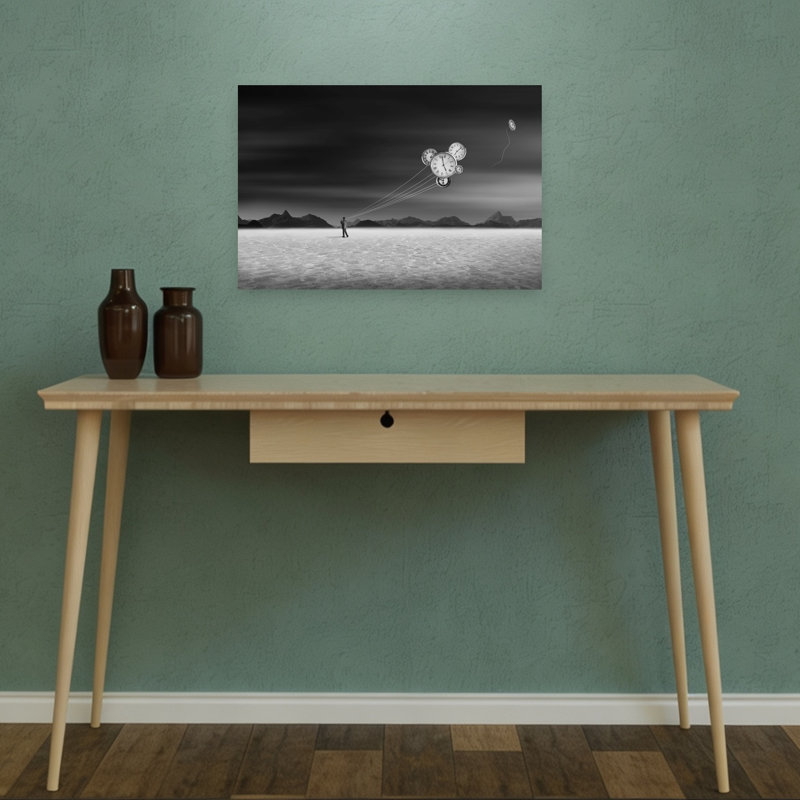«Man And Flying Clocks», reproduction dramatique abstraite, paysage, mouche, paysage mural, 12" H x 18" W