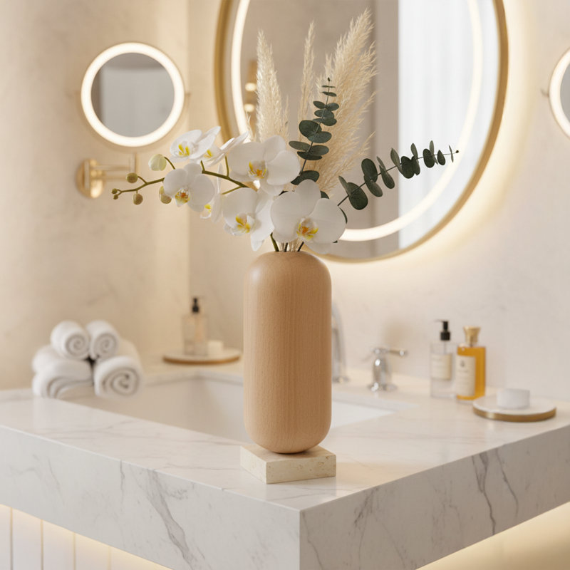 Vase en céramique de rotin naturel avec tube en verre et support en travertin