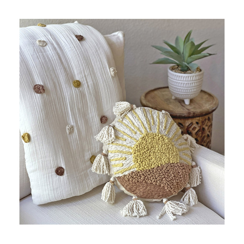 Round Embroidered Sunshine Kids Pillow with Tassels