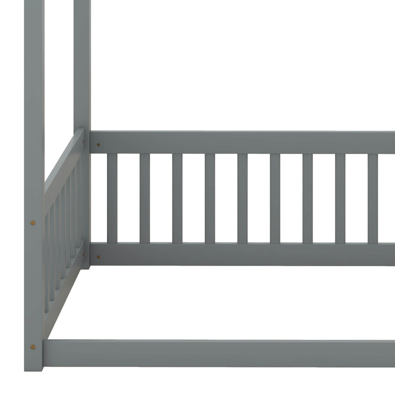 Full Size Canopy Frame Floor Bed With Fence, Guardrails, Twin, Grey