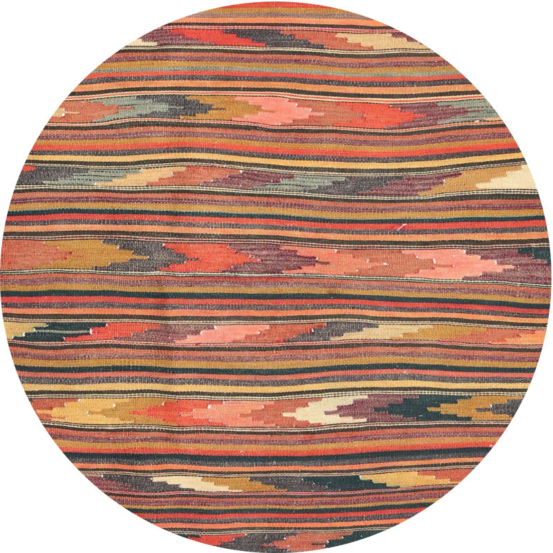 Tapis contemporain rouge / beige / orange, Rond 5 pi