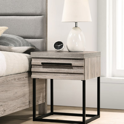 Weathered Gray Nightstand For Bedroom Use - Metal Base Slatted Drawer Face Contemporary Spacious