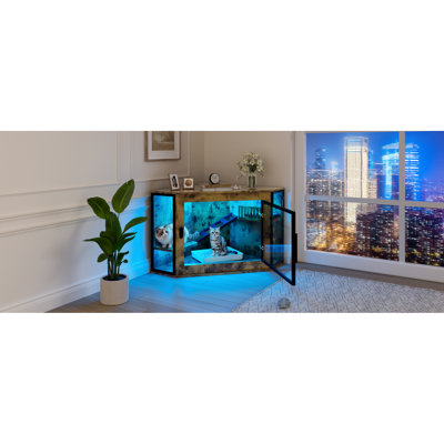 Armoire à litière 48 po multifonctionnelle avec porte en acrylique, aire de jeu à DEL et surélevée pour chats