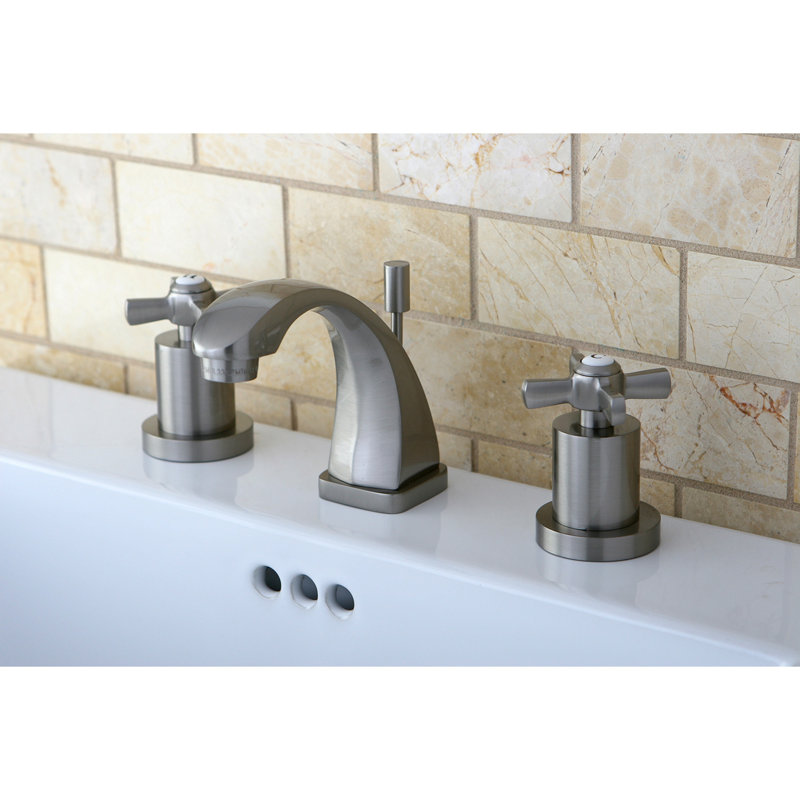 Kingston Brass Millennium Two-Handle 3-Hole Deck Mount Widespread Bathroom Faucet with Brass Pop-Up Drain, Polished Brass